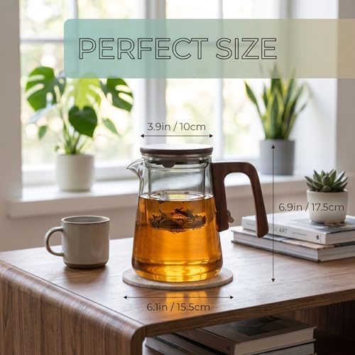 Magnetic Glass Teapot with Infuser, 25oz Borosilicate Tea Pot with Walnut Handle for Loose Leaf Tea, Office Home, Tea Lovers Gift - Image 3