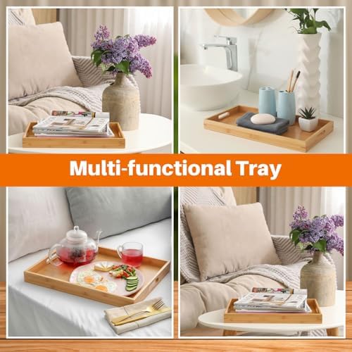 2 Pcs 14 x 9 Inches Bamboo Serving Tray with Handles and 4 Pcs 3.74 Inches Coasters Trays for Serving Food for Breakfast Dinner Coffee Snacks Suitable for Living Room Bedroom Kitchen - Image 5