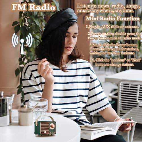 Retro Bluetooth Speaker, Wireless Mini Portable Speakers Support USB/TF Card/AUX, Vintage Radio Bluetooth Speaker for Kitchen Desk Bedroom Office Outdoor, Retro Gifts for Women Men, Green - Image 4