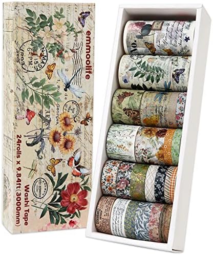 24 Rolls Vintage Washi Tape Set, Floral Letter Butterfly Mushroom Botanical Flower Writable Decorative Tapes for Scrapbooking , Junk Journal supplies, Bullet Journaling 5-75mm Wide 9.84ft long/Roll by emmoolife
