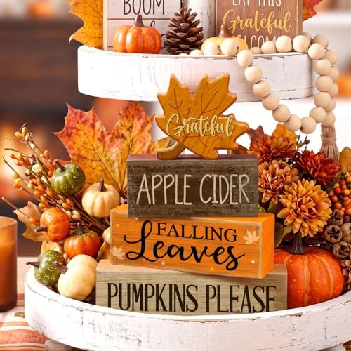 Moucuny 4 Pcs Fall Table Decor for Home, Wooden Grateful Maple Leaf Signs - Image 2