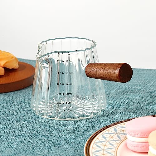 Joeyan 6 oz Glass Measuring Cups with Spout,Borosilicate Glass Triple Pitcher with Scale,Origami Style Espresso Shot Glasses with Wood Handle for Coffee Milk,Dishwasher Safe - Image 5