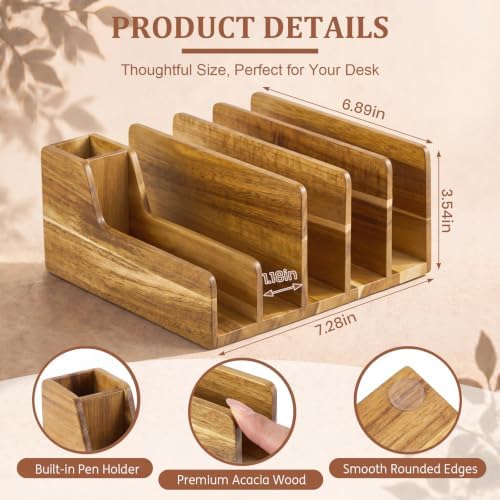 Novabright Acacia Wood Mail Organizer with Pen Holder, 6 Slot Desk File Organizer, Wooden Letter Sorter for Desk, Compact Desktop Document Holder for Home Office Storage Back to School - Image 2