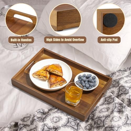 15 Inch Acacia Wood Serving Tray with Handles - Wooden Tray for Ottoman, Breakfast in Bed, Dinner, Coffee Table - Decorative Rectangular Tray for Living Room Bedroom Entryway and Kitchen - Image 4