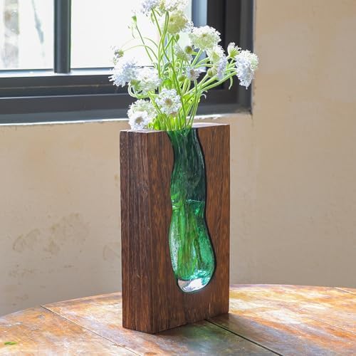 Wood and Glass Inlay Vases Farmhouse Wooden Glass Flower Vase Solid Wood Glass Vase Home Decor Vases for Centerpiece (9.45 Inches) - Image 4