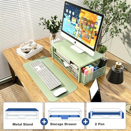 OPNICE Desk Organizers and Accessories, Computer Monitor Stand Riser with Drawer and 2 Pen Holders, Printer & Laptop Stand, Office Desk Accessories & Workspace Organizers for Home Office Supplies, Green - Image 2