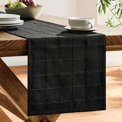 ZeeMart Linen Checked Farmhouse Table Runner, 13x60 Inches Black - Image 4