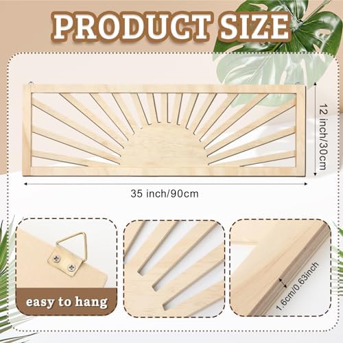 Burbell Horizontal Sun Wall Art, Boho Wooden Room Decor, 35"x12" Wood Color - Image 2