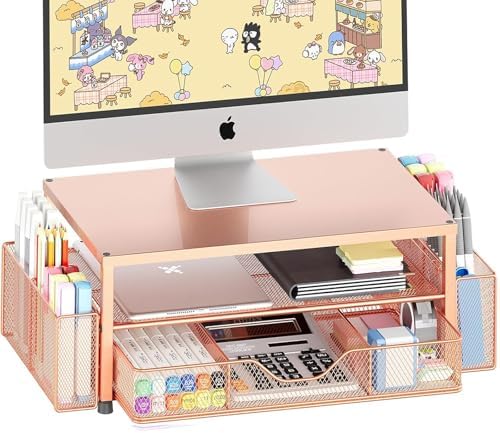 OPNICE Desk Organizer and Accessories, 2-Tier Computer Monitor Stand Riser with Drawer and 2 Pen Holders, Laptop Stand, Office Desk Accessories for Office Supplies, Rose by OPNICE