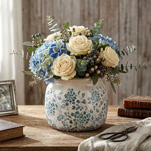 5.9'' Vintage Ceramic Planter, Ice Crack Glaze Teal Floral Pot - Image 4