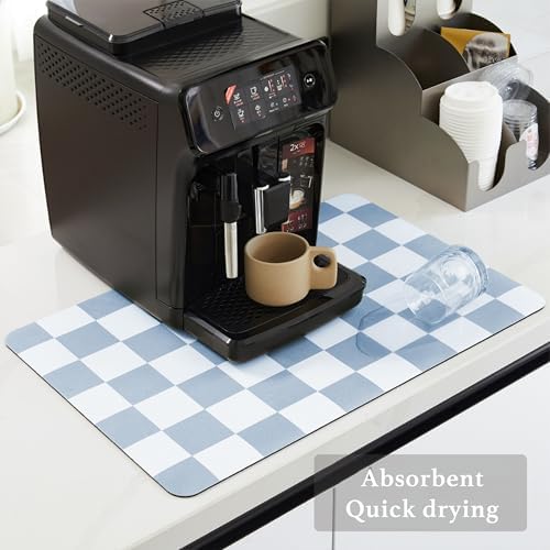 Checkered Dish Drying Mat for Kitchen Counter, Coffee Bar Station Accessories, Retro Cute Aesthetic Absorbent Coffee Mat Kitchen Drying Mat Easy Clean, Blue 12" x 19" - Image 4