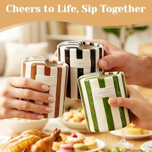 Ceramic Coffee Mug Novelty Ceramic Travel Mug Cute Espresso Cups To Go Anthropologie Latte Cups Aesthetic Green Pottery Mugs With Sip Hole 10oz Clay Striped Vintage Handmade Coffee Cup for Home - Image 3