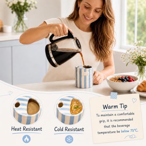 Ceramic Coffee Mug with Sip Hole 12oz, To Go Ceramic Mug Striped - Image 2