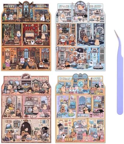 Girls 3D Miniature Scene Stickers,4 Sets Visit the Store DIY House Stickers for Space Cruise,Ocean Hotel,Egypt Hotel,Stone Age,Cute 3D Cartoon Sticker Scenes for Adult Kids Relief Stress Pass The Time by VYRANA