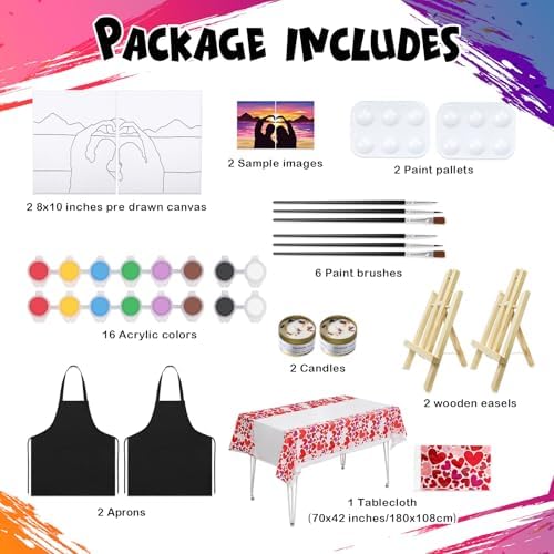 VOCHIC Sip and Paint Kit,Pre Drawn Canvas Couple Painting Kit for Adult Art Set with Outline Canvas for Adults Date Night Party Couples Valentine's Day, 2 Pack (8 x 10 Inches) - Image 3