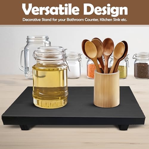 Rustic Wood Pedestal Stand - Handmade Small Decor Tray - Soap Tray for Kitchen Sink, Bathroom - Black, 12 x 7 x 1.5 Inch - Image 5