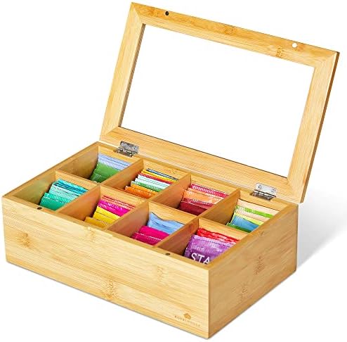 Big Natural Bamboo Tea Storage Organizer, Clear Acrylic Top, 8 Compartments by RoyalHouse