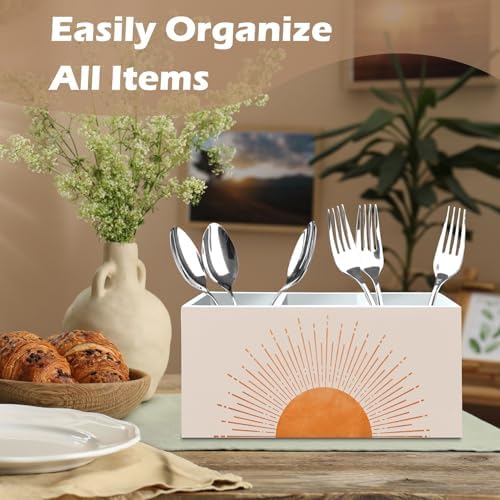 DILSJ Boho Abstract Sunshine Pen Pencil Holder Organizer for Desk, Boho Office Decor, Mid Century Modern Minimalist Sun Sunset Sunshine Wooden Box Signs for Home Office Desk Tabletop Decoration - Image 3