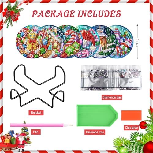 Zynlio Christmas Diamond Paintings Coasters Kits Set with Holder, Christmas Diamond Art, DIY Diamond Crafts Coasters for Adults, Diamond Art Painting Kits for Women, Beginners, Diamond Craft Supplies - Image 2