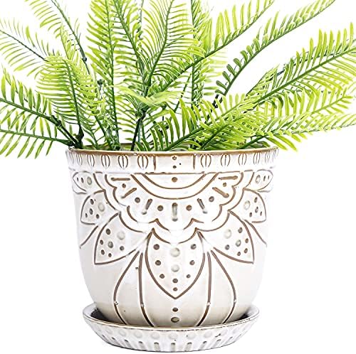 VanEnjoy 5.9 inch Round Bohemian Style Ceramic Planter, Geometry Engrave Off White Brown Planter Flower Pot, Indoor Outdoor Decorative Planter by VanEnjoy