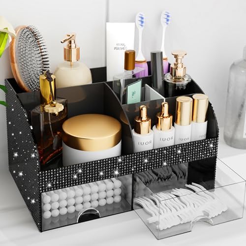 Bling Makeup Organizer with Drawers, Cosmetic Storage for Dresser Vanity and Bathroom Countertop, Beauty Holder for Lipstick Brush, Skincare Organizer for Vanity, Cosmetic Display Case Bling Black by COMFYROOM
