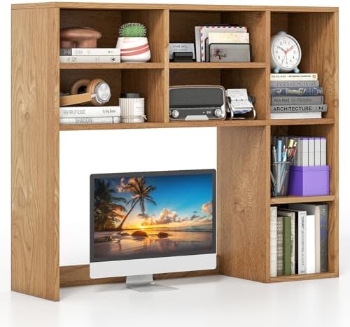 Giantex Desktop Bookshelf, Desk Hutch Dorm w/ 7 Cubes & 3 Adjustable Shelves, Desk Shelf for Up to 27" Computer Monitors, Wooden Desktop Storage Organizer for Dorm College Office Homem, Natural by Giantex