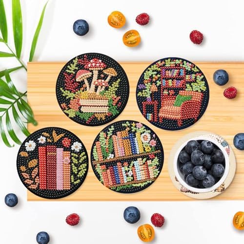8 Pcs Bookshelf Diamond Art Coasters Kit - DIY 5D Small Diamond Painting Coasters with Holder, Mini Diamonds Arts Kits for Adults Coaster, Gem Art Arts and Crafts for Adults - Image 4