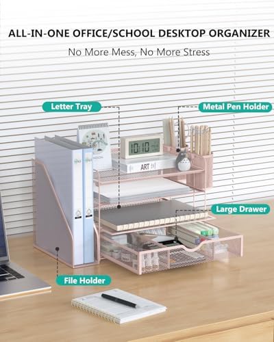 WALI Desk File Organizer, 4 Tier Desktop Paper Letter Tray Organizer with Drawer and 2 Pen Holders, Office Desk Accessories & Workspace Organizers for Office, Home Supplies(DO005DH-P), 1 Pack, Pink - Image 2