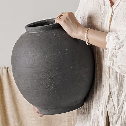Black Ceramic Vase - Large 12.5 Inch Round Floor Vase for Centerpieces, Farmhouse Flower Vases, Rustic Minimalist Home Decor,Sandstone Dark Grey by LETAUCIGARDEN