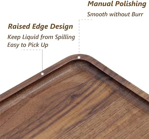 Wooden Serving Tray Walnut Wood Breakfast Platter Food Snack Dessert Coffee Tea Decorative Vanity Tray with Edge for Kitchen Living Room Bathroom Bedroom Home Decor (Large, Rectangular) - Image 3