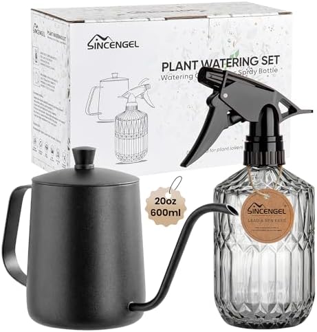 Watering Can Indoor Plants, 20 oz Metal Mini Indoor Watering Can with Long Spout for Houseplants, 13.5 oz Glass Plant Mister Spray Bottle for Bonsai Garden Flower Seedlings (Black/Grey) by Sincengel
