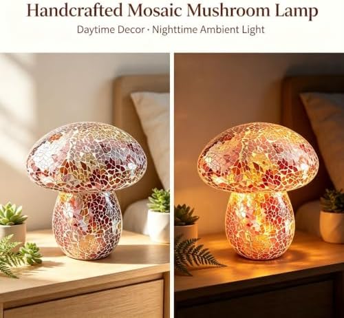 Mosaic Mushroom Table Lamp, Handmade LED Night Light,Orange - Image 4