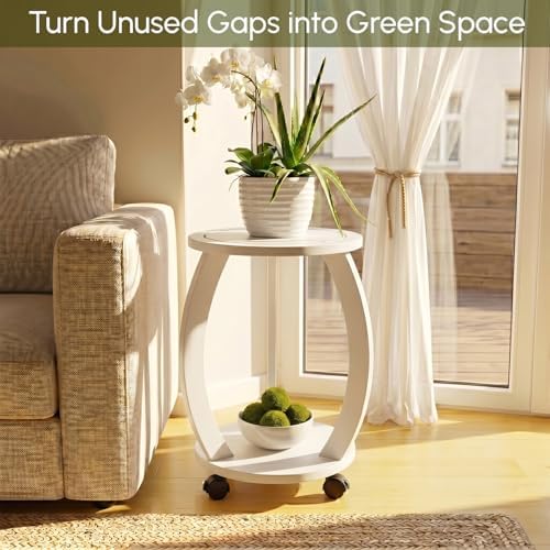 2 Tier Wooden Plant Stand Indoor with Wheels – Tall Plant Stand for 6-12 Inch Pots, Mid-Century Modern Rustic Plant Table Indoor, Pedestal Stand for Corner, Living Room, Balcony, White - Image 2