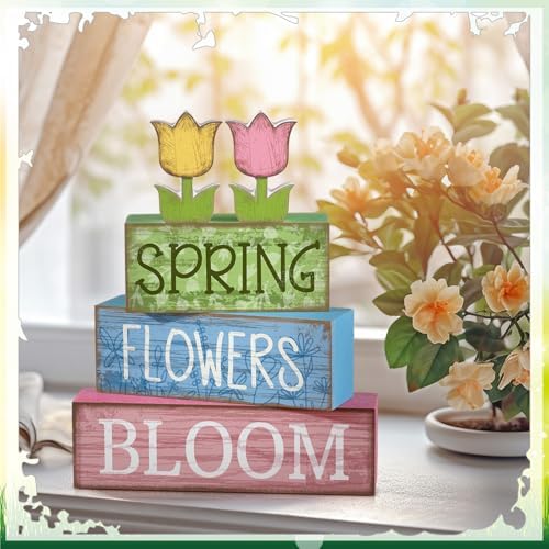 Moucuny 4 Pcs Spring Wooden Block Signs Farmhouse Table Tiered Tray Decor - Image 4