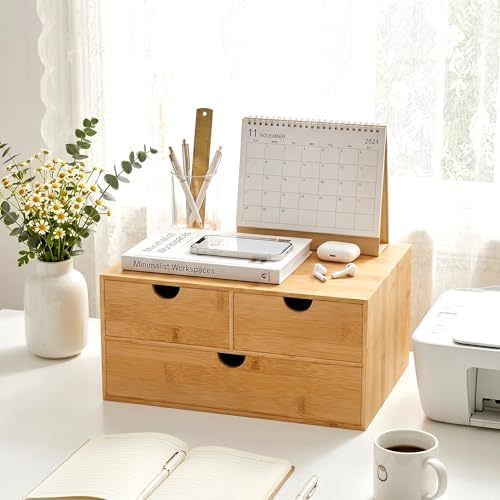 Bamboo Desk Organizer with Drawers, Desktop Storage for Office Supplies - Image 2