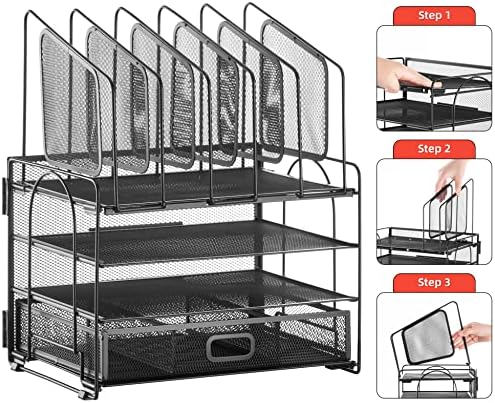 Marbrasse Desk Organizer with Drawer, 4-Tier Mesh File Organizer with 5 Vertical File Holders and 2 Pen Holders, Multifunction Desktop Organizer,Desk Organizers and Accessories for Home Office - Image 6