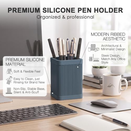 HighHerz Aesthetic Pen Holder For Desk, Modern Silicone Pencil Holder, Stylish Office Desk Decor, Made of 5 mm Thickened Premium Silicone, Office Desk Organizer And Accessories (Dark Blue) - Image 4
