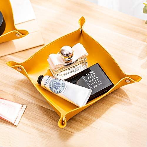 Leather Jewelry Valet Tray for Women and Man, Portable Entryway Table Tray Bedside Nightstand Desk Tray Small Catchall Travel Dish Plate for Key,Wallet,Watch,Coin (8x8, Yellow-B) - Image 5