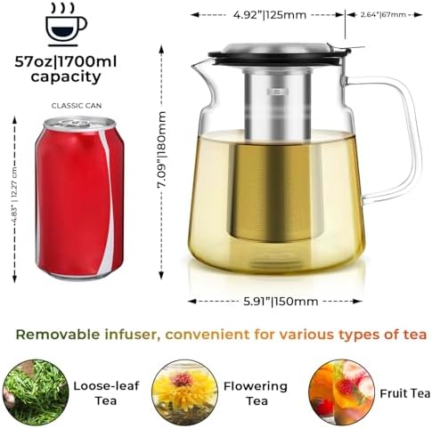 Aquach 57oz Glass Tea Pot with Infuser, Stovetop Safe Borosilicate Teapot - Image 5
