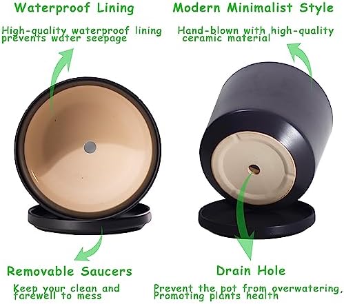 Ekirlin 9 inch Plant Pots,Ceramic Flower Planters Indoor,Modern Succulents Containers with Drain Hole Saucer,Decorate Home,Office & Outdoor (Black) - Image 3