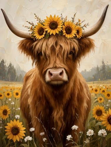 Highland Cow Diamond Painting Kit, Full Drill Round Diamond Art 20x20in by Unknown