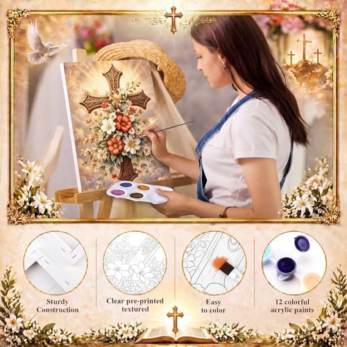 8 Sets 8" x 10" Cross and Flowers Pre Drawn Canvas for Painting for Sip and Paint Party Religious Floral Predrawn Coloring Set Pre Sketched Canvas Boards with Paints and Brushes for Adult - Image 3
