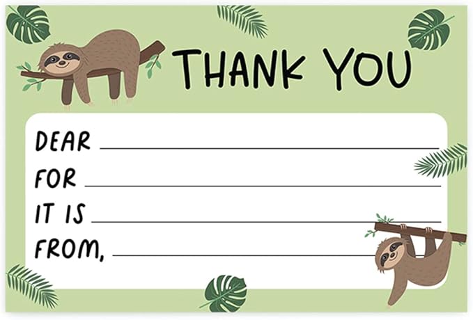 Andaz Press Kids Fill in the Blank Thank You Cards - 20 Cards Including Envelopes Sloth Gender Neutral Note Cards For Boys Girls Birthday Party Thank You Notes for Friends, Family, and Party Guests