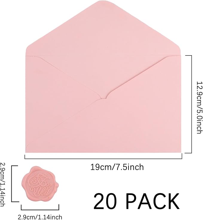 20 Pack Pink Envelopes 5x7 for Invitation, A7 Invitation Envelope with Wax Seal Sticker for Birthday, Weddings, Graduations, Greeting Cards, Baby Shower Invite