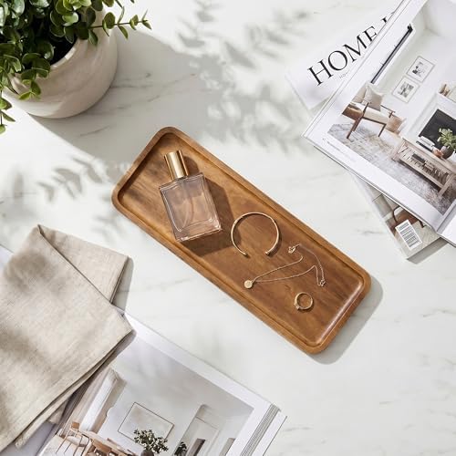 Small Acacia Wood Serving Tray, Wooden Decorative Tray for Coffee Table, Kitchen, Bathroom Counter - Rectangular Wood Platter for Candles, Perfume, Snacks (11.4 x 4.1 x 0.6 in) - Image 7