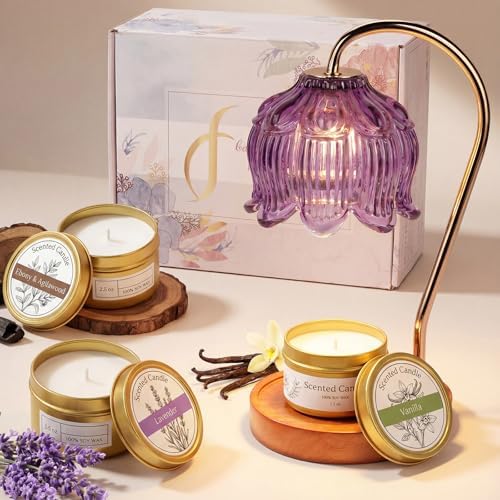 Flower Candle Warmer Lamp Gift Set for Women, Wax Melt Warmer Lamp with Timer & Dimmer, Self Care Spa Basket with Tumbler, Rose Bath Salt, Scented Candle, Soap, Birthday Gifts for Mom Her - Purple by Funistree