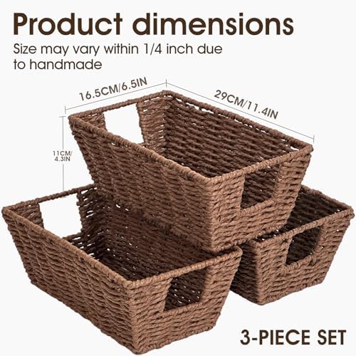 Paper Rope Storage Baskets for Shelves Organizing, Small Hand Woven Wicker Organizer Basket with Handle for Bathroom Toilet Paper Storage, Brown, 3-Pack - Image 5