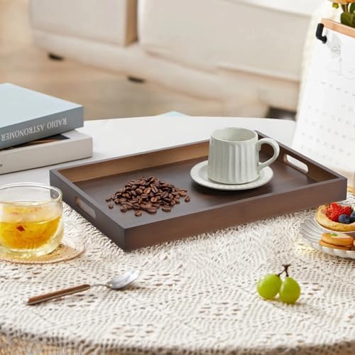 14.9''x10.2''x1.57'' Bamboo Wooden Tray with Handles, Rectangular Natural Solid Wood, Walnut Dark Brown Color Serving Tray.Suitable for Kitchen,Bedroom,Breakfast,Coffee,Decorative,Party Bars. - Image 3