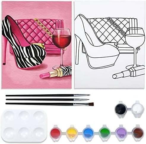 VOCHIC Pre Drawn Canvas Painting Kit for Adults for Painting Party Kit Paint and Sip Party Supplies 8x10 Canvas Girl High Heel Glass Bag Lipstick 8 Colors,3 Brush,1 Pallet Art Set by VOCHIC