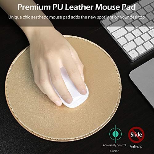 ProElife Round Mouse Pad, PU Leather Gold Desk Mat, Non-Slip Base, 8.66" - Image 2